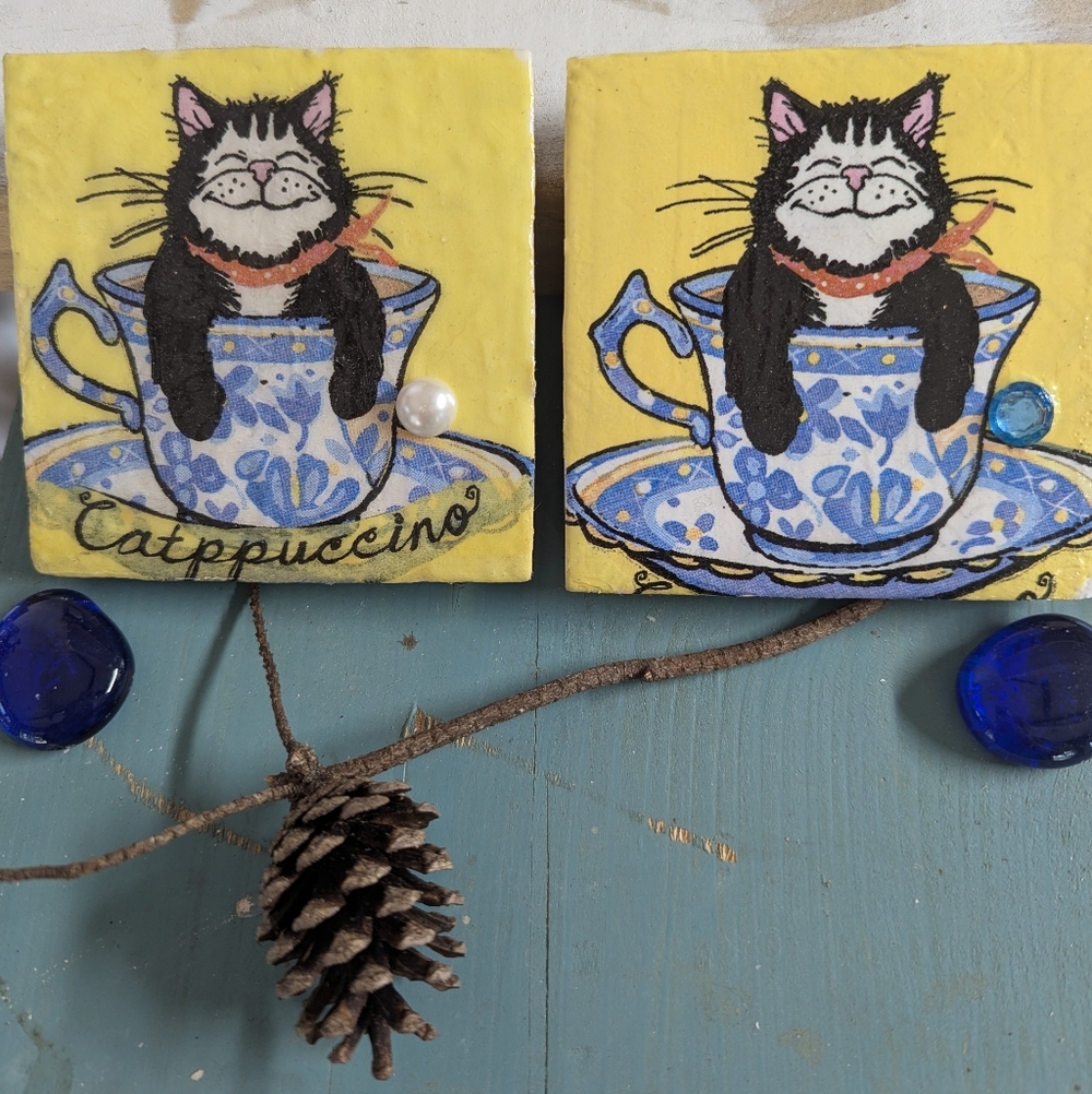 Set Of Two Decoupaged Ceramic Tiles Cat In A Cup 4"x4" Handcrafted Catpucino